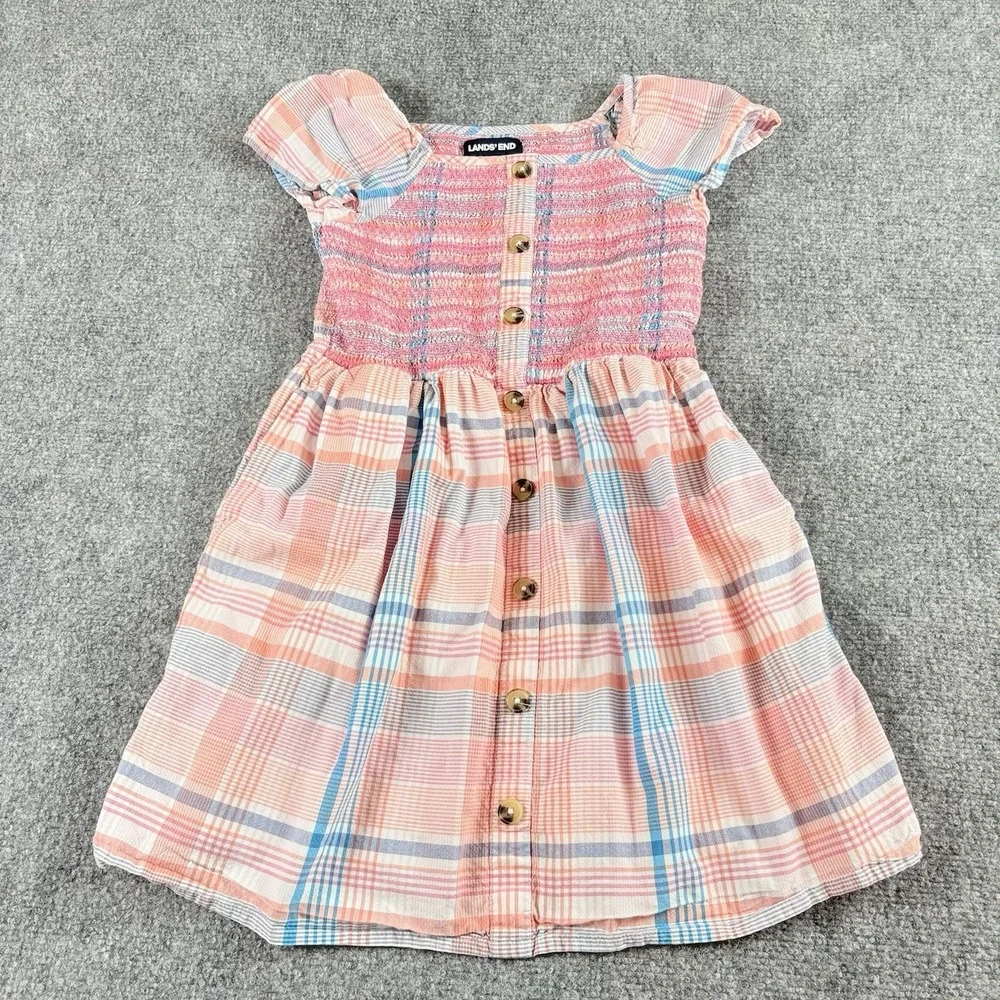 Lands' End Dress Girls 8 Pink Plaid Smocked Cottagecore Boho‎ Fairy Pockets